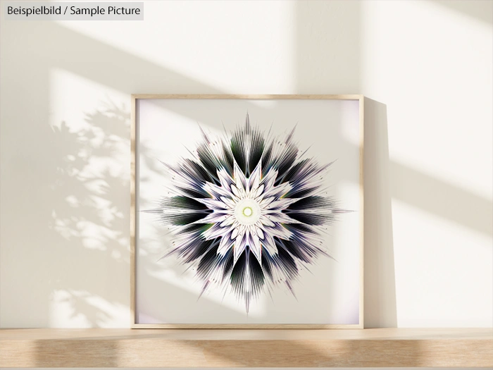 Decorative framed art print with abstract starburst floral design in soft lighting on a light-colored wall.