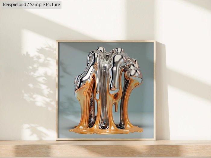 Artistic sculpture with chrome and orange flowing shapes on a white shelf, casting shadows on a light-colored wall.