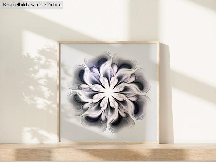 Framed abstract art with swirling black and white floral pattern on a shelf in sunlit room.