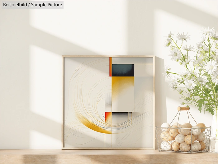 Minimalist abstract wall art with geometric shapes, next to a basket of spheres and daisies, in soft lighting.