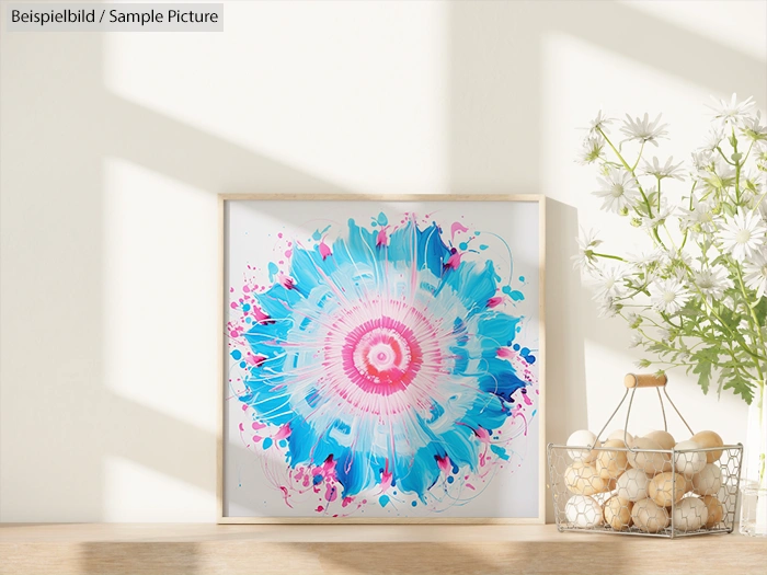 Abstract art with blue and pink circular pattern, displayed on wooden shelf beside a vase of white flowers.