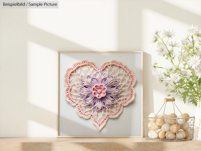 Heart-shaped macramé art with purple and pink flowers in a wooden frame beside a basket of white daisies and round objects.