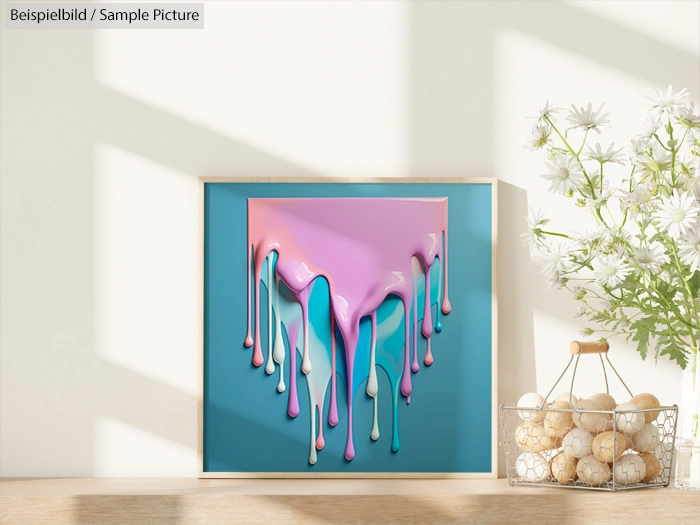 Colorful 3D art with pastel paint drips on a turquoise background, displayed on a shelf with decorative accents.