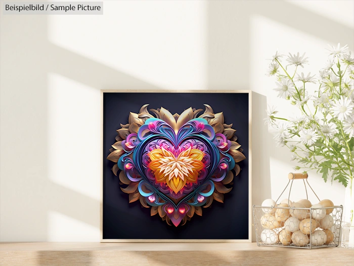 Colorful mandala heart artwork in wooden frame, displayed on shelf with decorative basket and white flowers.