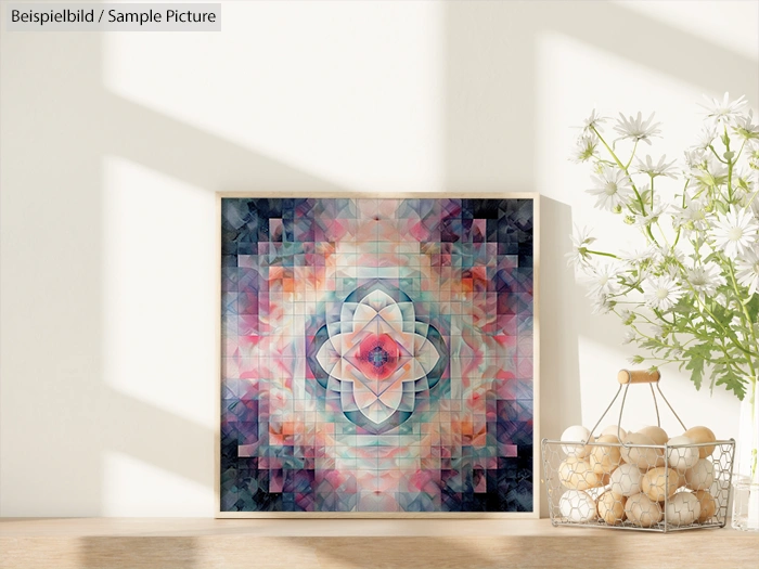 Geometric art print with colorful mandala design in a sunlit frame, placed next to a basket of decorative spheres.