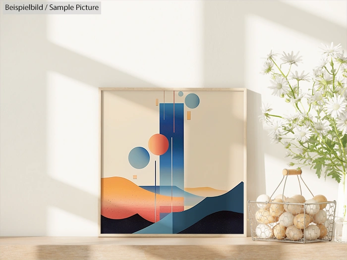 Minimalist artwork with geometric shapes in blues and oranges, next to a basket with decorative balls and daisies.