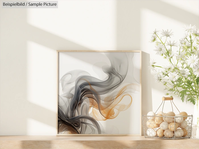 Abstract art in black, grey, and orange swirls in a framed picture on a table with a vase of daisies.