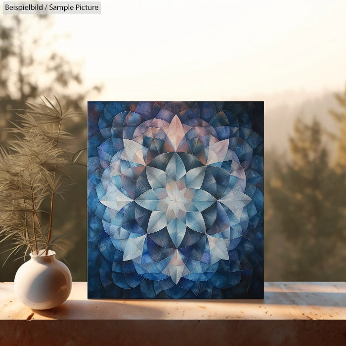 Geometric mandala artwork on canvas with blue and white tones, displayed on a ledge beside a white vase with dried plants.