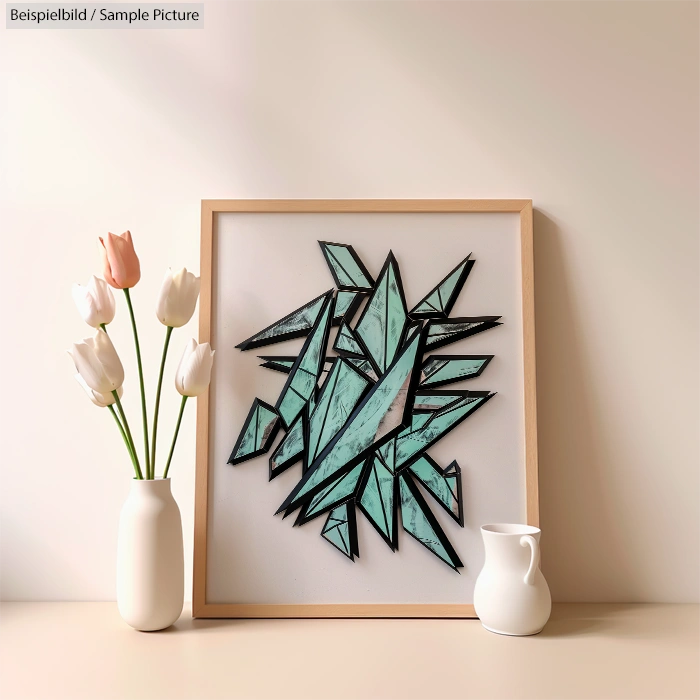 Framed geometric abstract artwork with teal shards, beside vases with pink and white tulips on a wooden shelf.