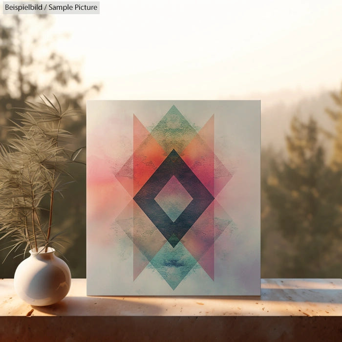 Geometric abstract art with diamond shapes in gradient hues of pink, blue, and green on a wooden shelf with a plant.