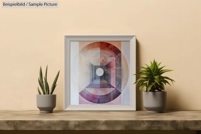 Framed geometric art with circular design, flanked by two potted plants on a wooden shelf against a beige wall.