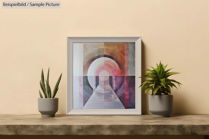 Framed geometric abstract art with circular patterns, displayed between two potted plants on a wooden shelf.