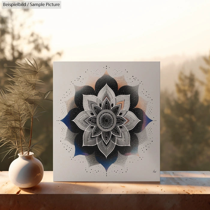 Intricate mandala artwork on canvas with blurred outdoor background, displayed on a sunlit ledge with a vase.