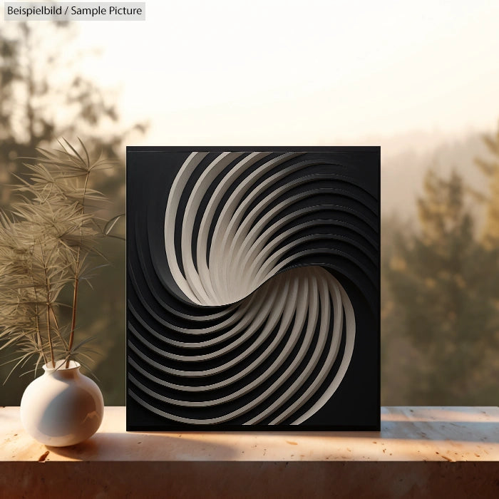 Abstract black and white sculpture with spiral design on table near potted plant, against a blurred forest backdrop.