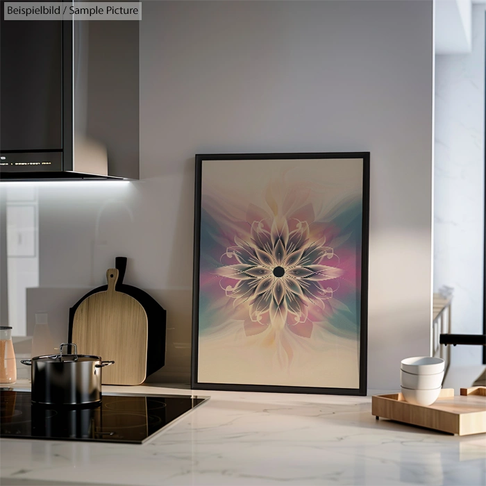 Modern kitchen with abstract floral artwork, cutting boards, and kitchenware on a marble countertop.