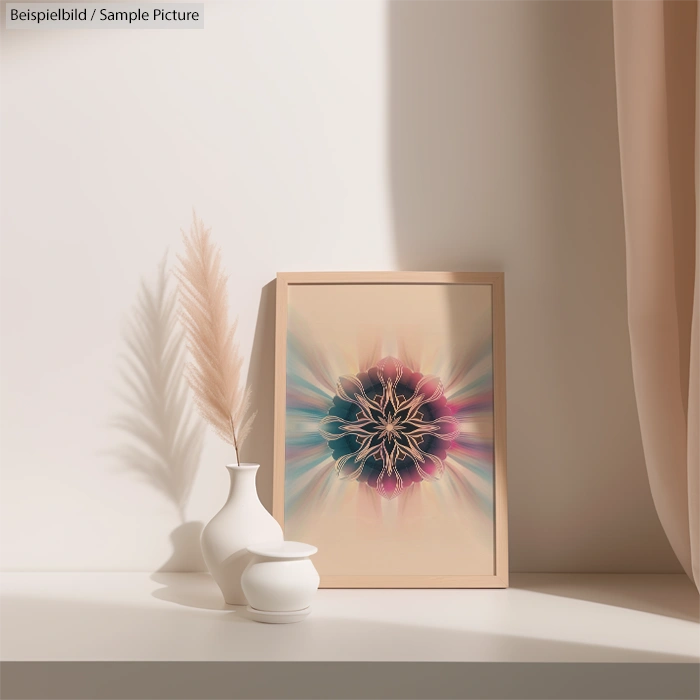 Framed abstract art with pastel colors on a white table beside two white vases; soft sunlight and curtain shadow.