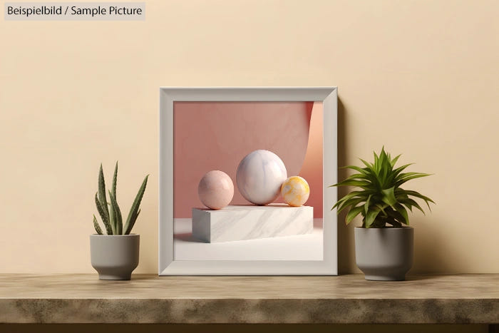 Framed abstract art with spheres on a pedestal, flanked by potted succulents on a wooden shelf.