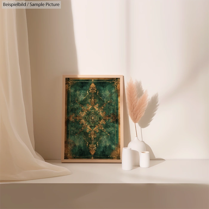 Framed green abstract art on table with decorative vases and pampas grass in soft, warm lighting.