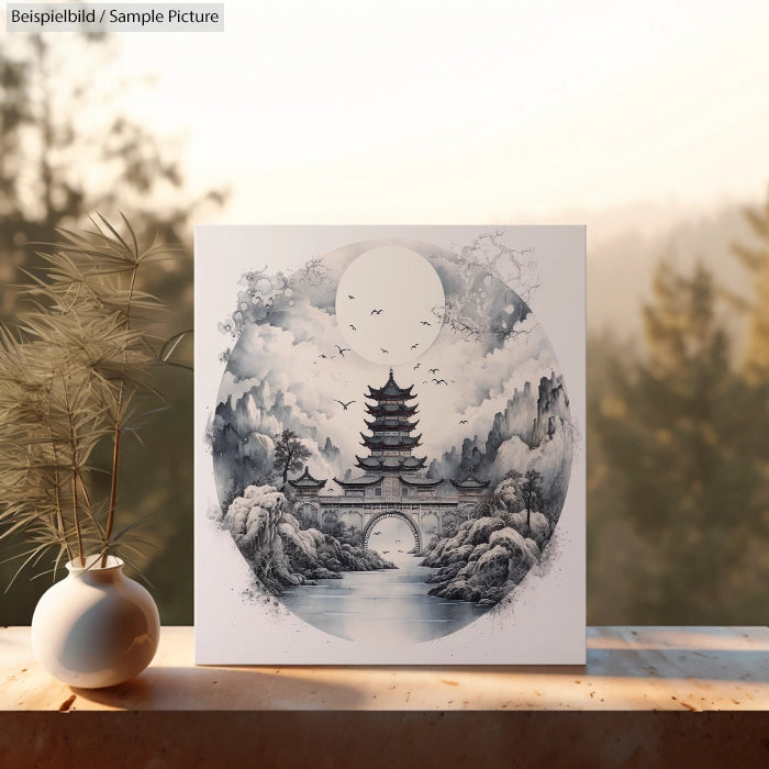 Artistic painting of traditional pagoda in serene landscape with birds, trees, and misty mountains, framed by a circle.