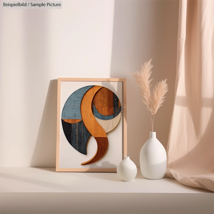 Framed abstract wooden artwork with vases on a sunlit table, curtains in the background.