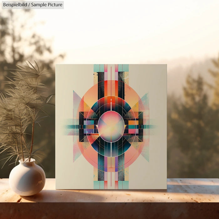 Geometric abstract painting with colorful circles on canvas, placed outdoors next to a white ceramic vase.