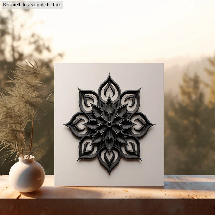 Black floral mandala art on a white canvas with a potted plant on a ledge, against a blurred natural background.