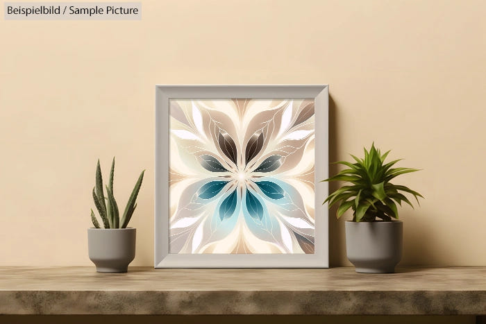 Framed abstract art print with teal and beige floral design, flanked by potted plants on a wooden shelf.