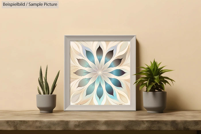 Artistic geometric pattern in frame, featuring blue and beige floral design, flanked by potted succulents on a shelf.