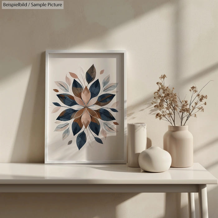 Minimalistic interior with framed floral artwork and ceramic vases on a white shelf against a beige wall.