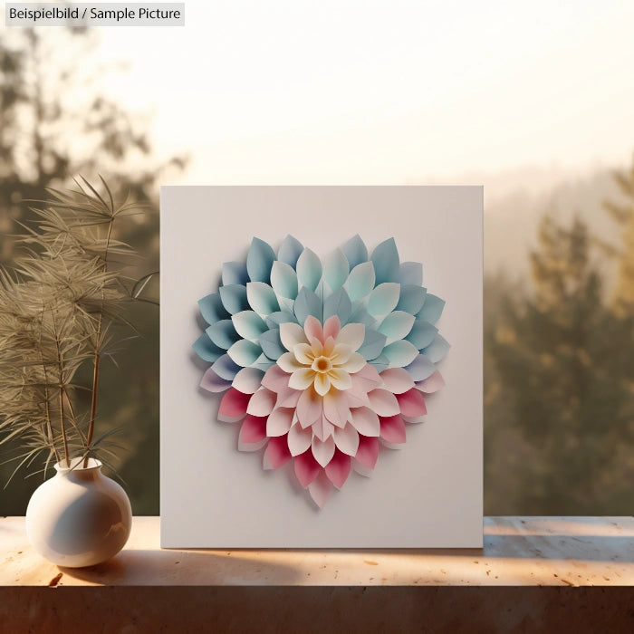 Paper flower art with pastel petals on a canvas, placed on a windowsill with a small vase and blurred outdoor background.