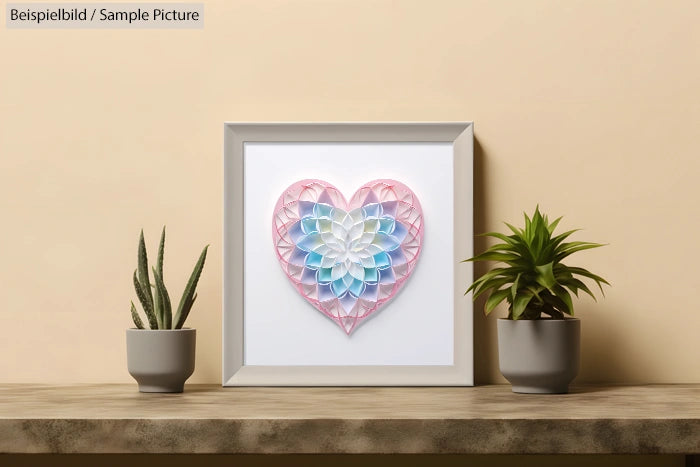 Framed heart-shaped paper art in pastel colors between two potted succulents on a beige shelf.