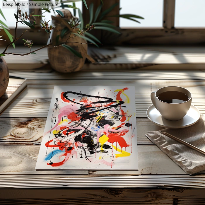 Abstract painting on wooden table beside coffee cup and plant, sunlight streaming through window.