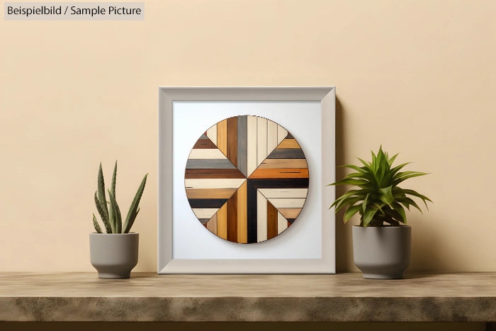 Framed geometric wall art with wood pattern, flanked by potted succulents, on a wooden shelf against beige wall.