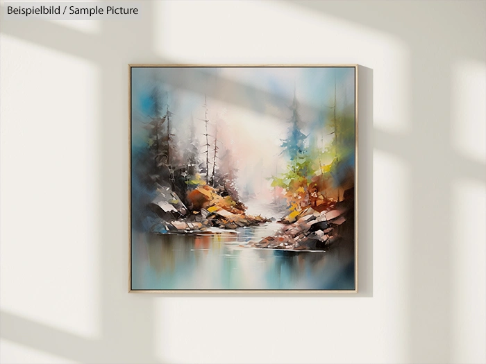 Framed landscape painting with colorful trees reflecting in a calm lake, mounted on a beige wall.