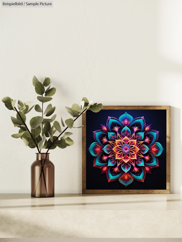 Colorful mandala artwork framed on a shelf beside a brown vase with green leaves.