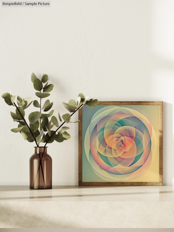 Framed abstract geometric artwork with concentric circles beside a vase with green leaves on a light wood surface.