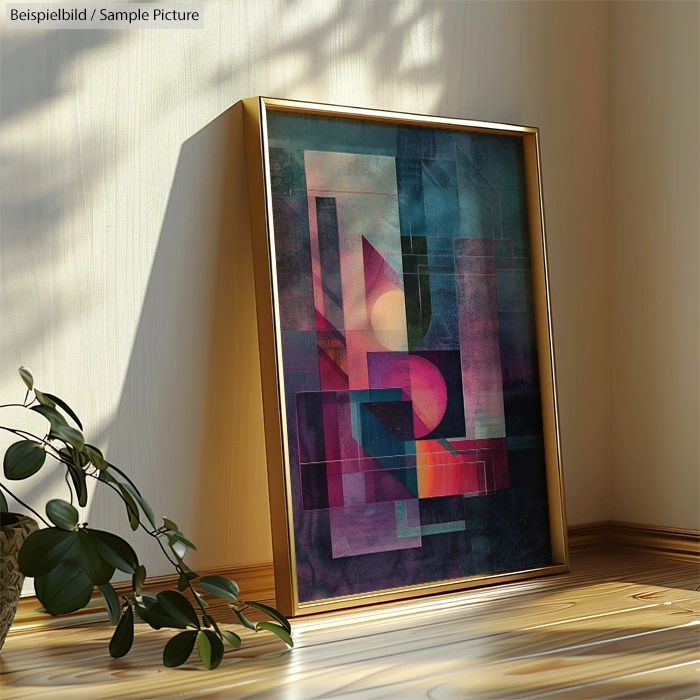 Framed abstract painting with geometric patterns in pink, blue, and orange tones, leaning against a wall.