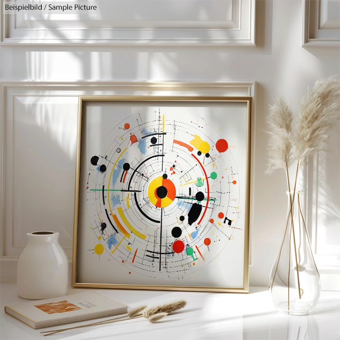 Framed abstract art with geometric shapes and vibrant colors, displayed on a shelf beside vases in a well-lit room.