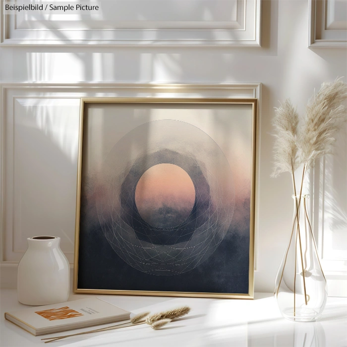 Framed abstract art with a circular design on a shelf, surrounded by decorative vases and sunlight.