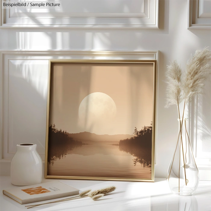 Framed sepia-toned landscape painting of a moonlit lake, surrounded by elegant decor in serene natural light.