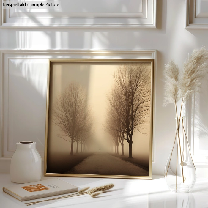 Framed foggy landscape photo with trees, set on a white shelf with a vase and books.