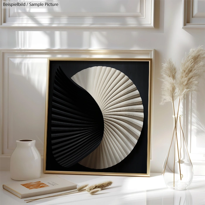 Elegant abstract framed artwork with black and white spiral design, near vases and books on a sunlit shelf.