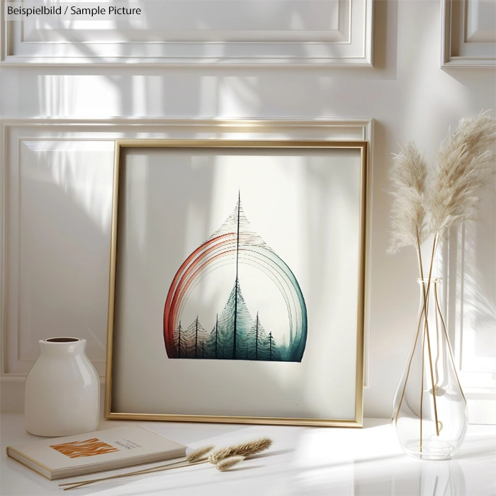 Framed abstract tree painting with gradient colors, alongside vases and a closed book on a sunlit table.