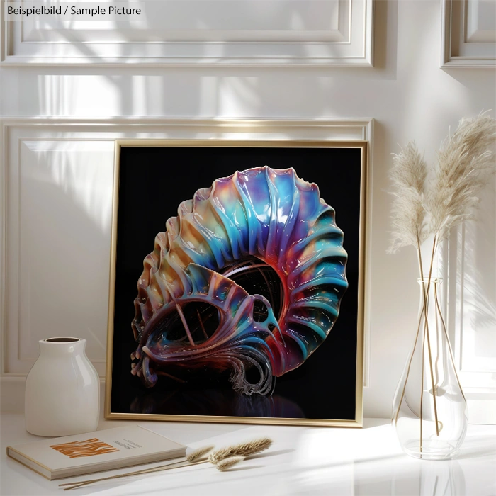 Colorful abstract glass sculpture on a table, framed against a white wall with soft lighting.