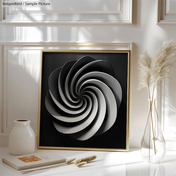 Framed black and white spiral art on wall next to dried pampas grass and ceramic vase.