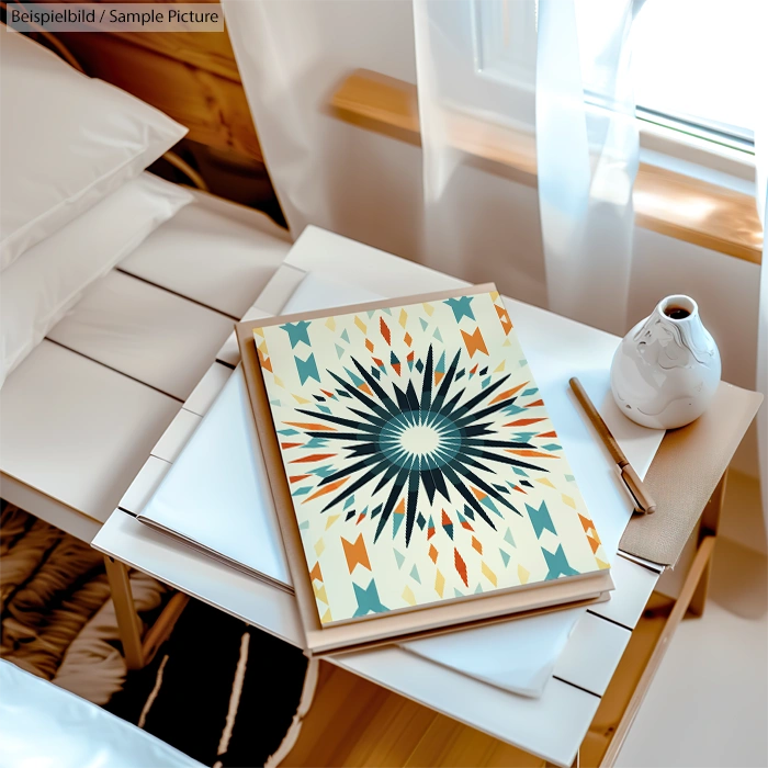 Colorful geometric patterned notebook on a white side table beside a ceramic vase pen and notebook.