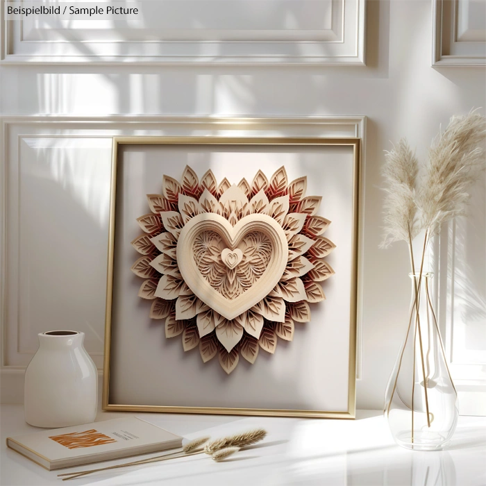 Framed heart-shaped paper art with decorative leaf patterns, beside a vase and book on a sunlight-lit shelf.