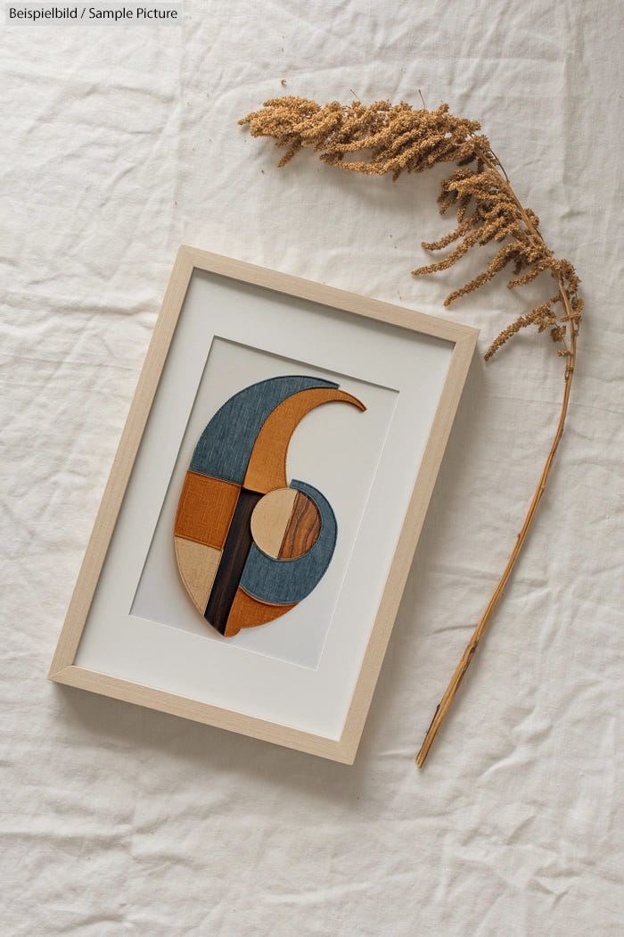 Framed geometric art with blue, orange shapes, and a curved line on white background, next to dried plant.