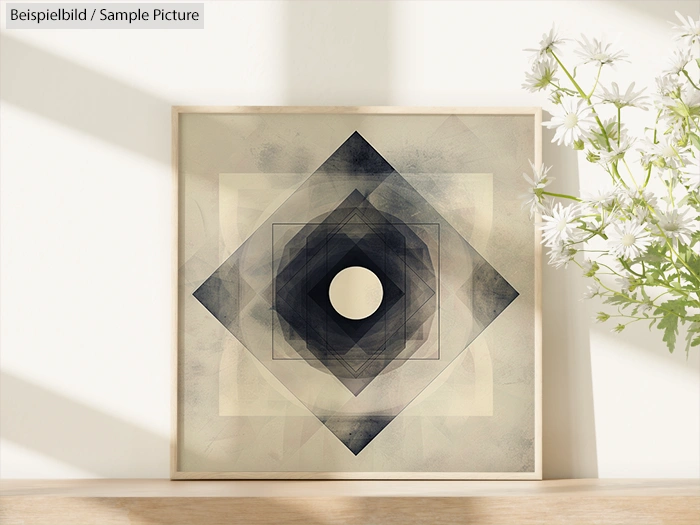 Abstract artwork with layered squares and a central circle in grayscale tones, placed next to white flowers on a shelf.