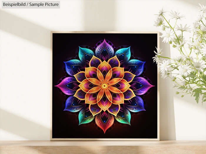 Colorful mandala art with intricate patterns on dark background, framed and displayed near white flowers.